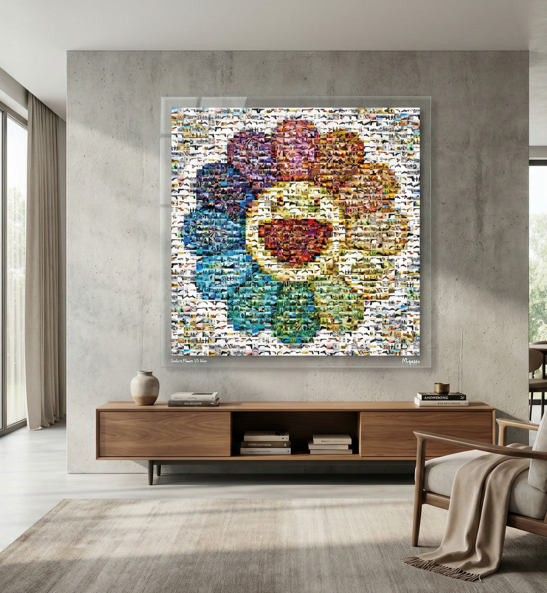 Tableau plexiglass art contemporain Miquaseo, mosaique "Smiling flower VS War", decoration murale design, edition limitee signee et numerotee