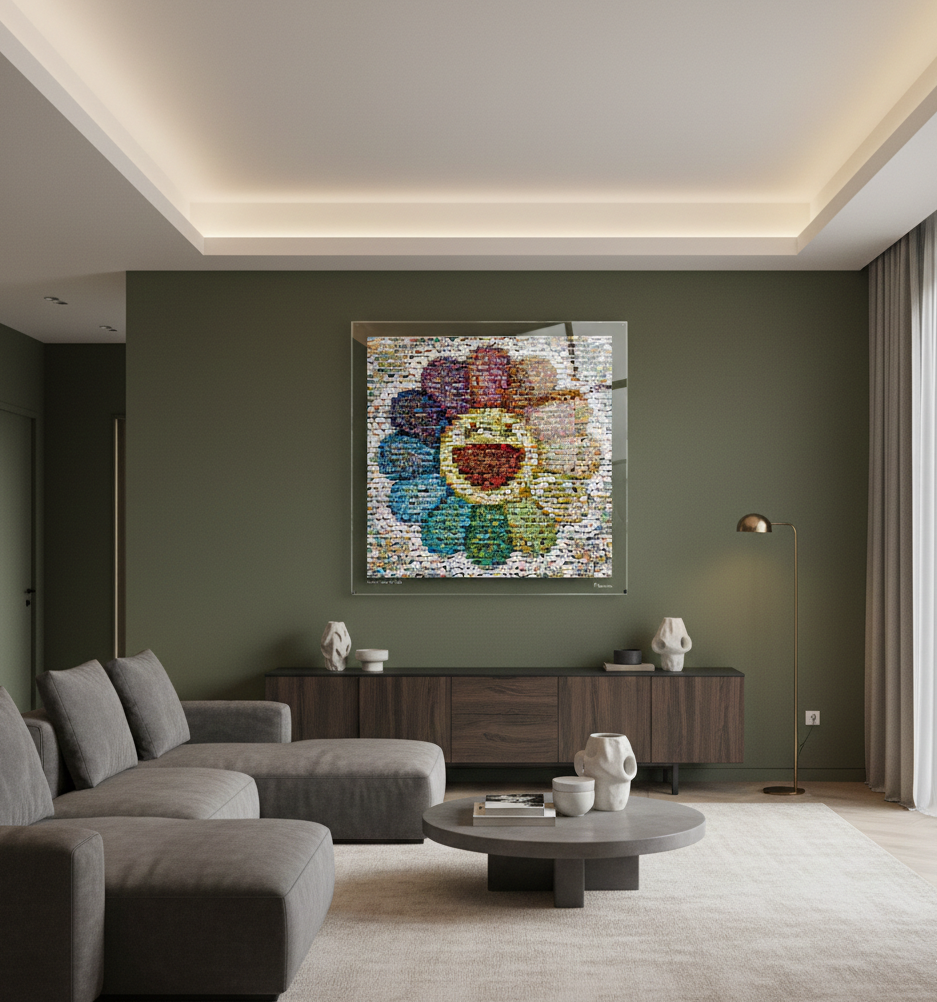 Tableau plexiglass art contemporain Miquaseo, mosaique "Smiling flower VS War", decoration murale design, edition limitee signee et numerotee