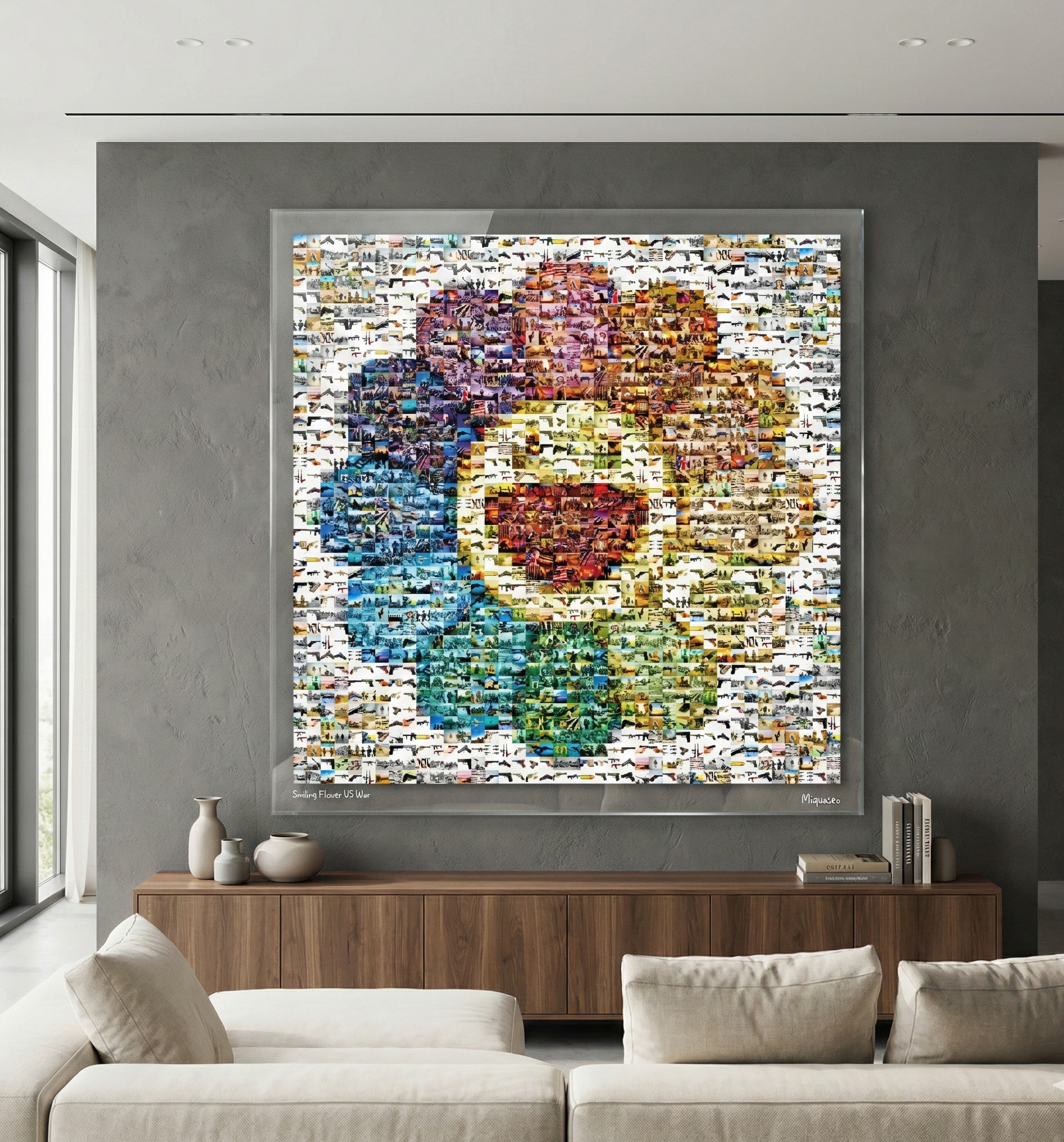 Tableau plexiglass art contemporain Miquaseo, mosaique "Smiling flower VS War", decoration murale design, edition limitee signee et numerotee