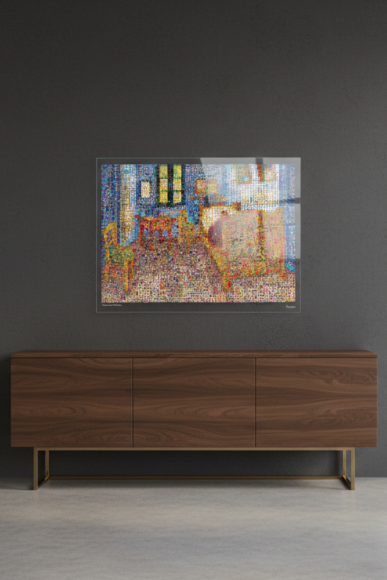 Tableau plexiglass art contemporain Miquaseo, mosaique "The Bedroom VS Pop Culture", decoration murale design, edition limitee signee et numerotee
