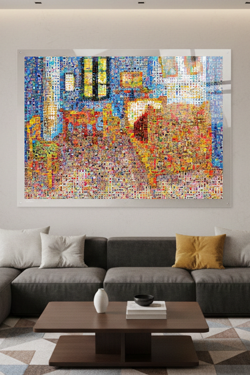 Tableau plexiglass art contemporain Miquaseo, mosaique "The Bedroom VS Pop Culture", decoration murale design, edition limitee signee et numerotee