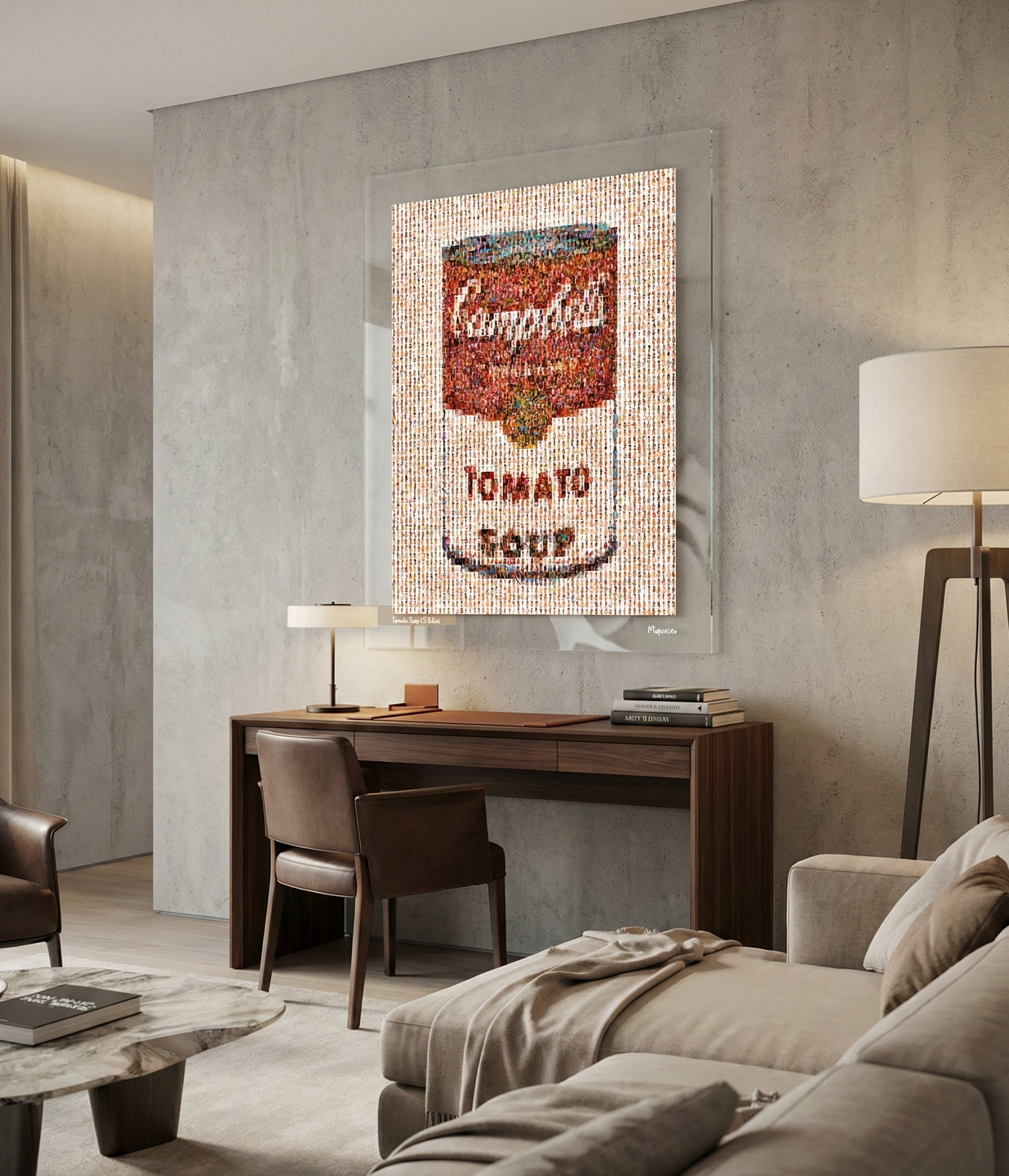 Tableau plexiglass art contemporain Miquaseo, mosaique "Tomato Soup vs Bikini", decoration murale design, edition limitee signee et numerotee