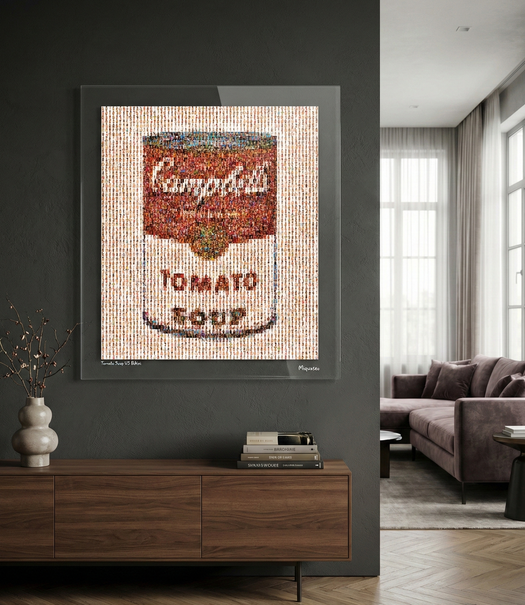 Tableau plexiglass art contemporain Miquaseo, mosaique "Tomato Soup vs Bikini", decoration murale design, edition limitee signee et numerotee