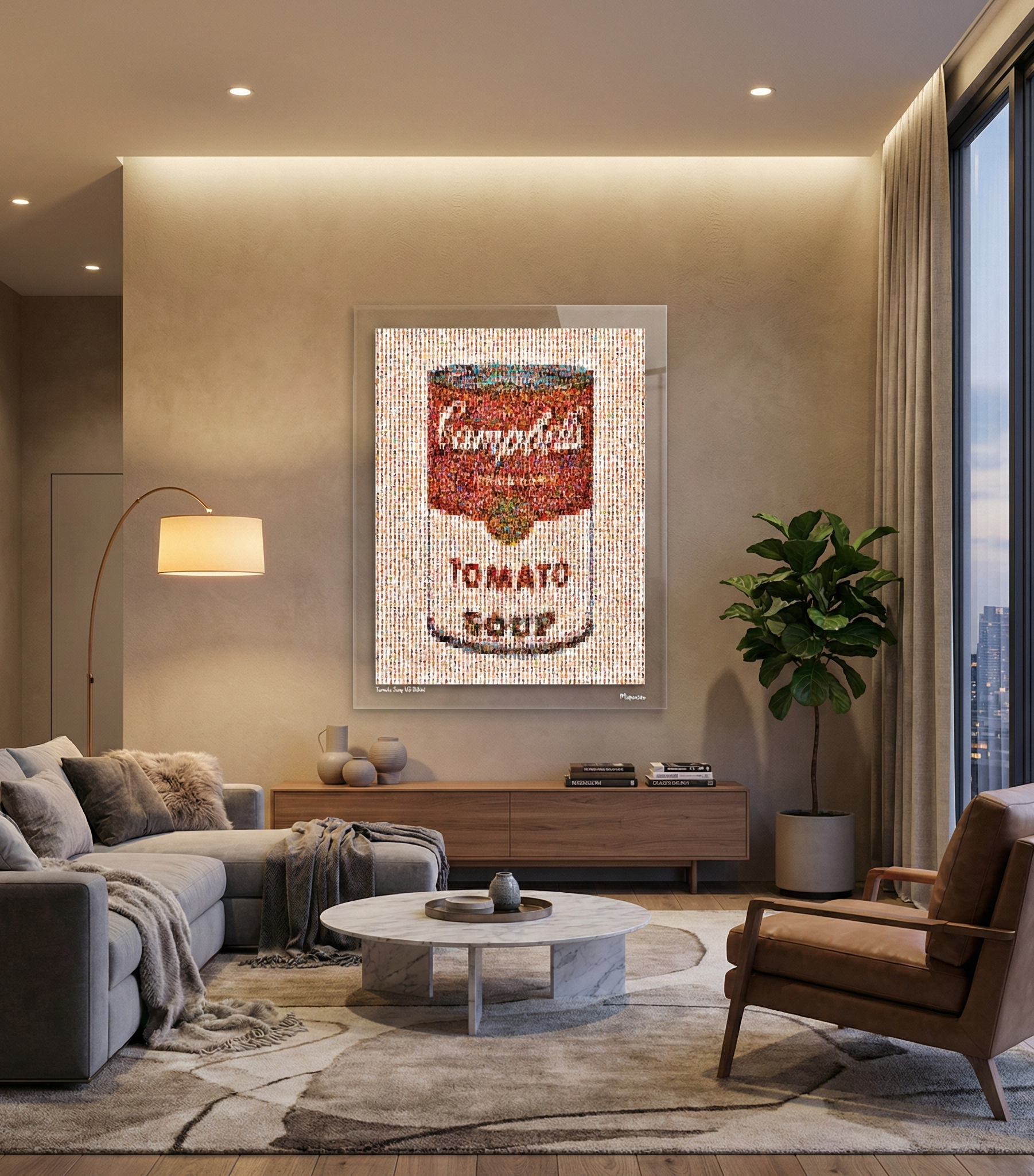 Tableau plexiglass art contemporain Miquaseo, mosaique "Tomato Soup vs Bikini", decoration murale design, edition limitee signee et numerotee