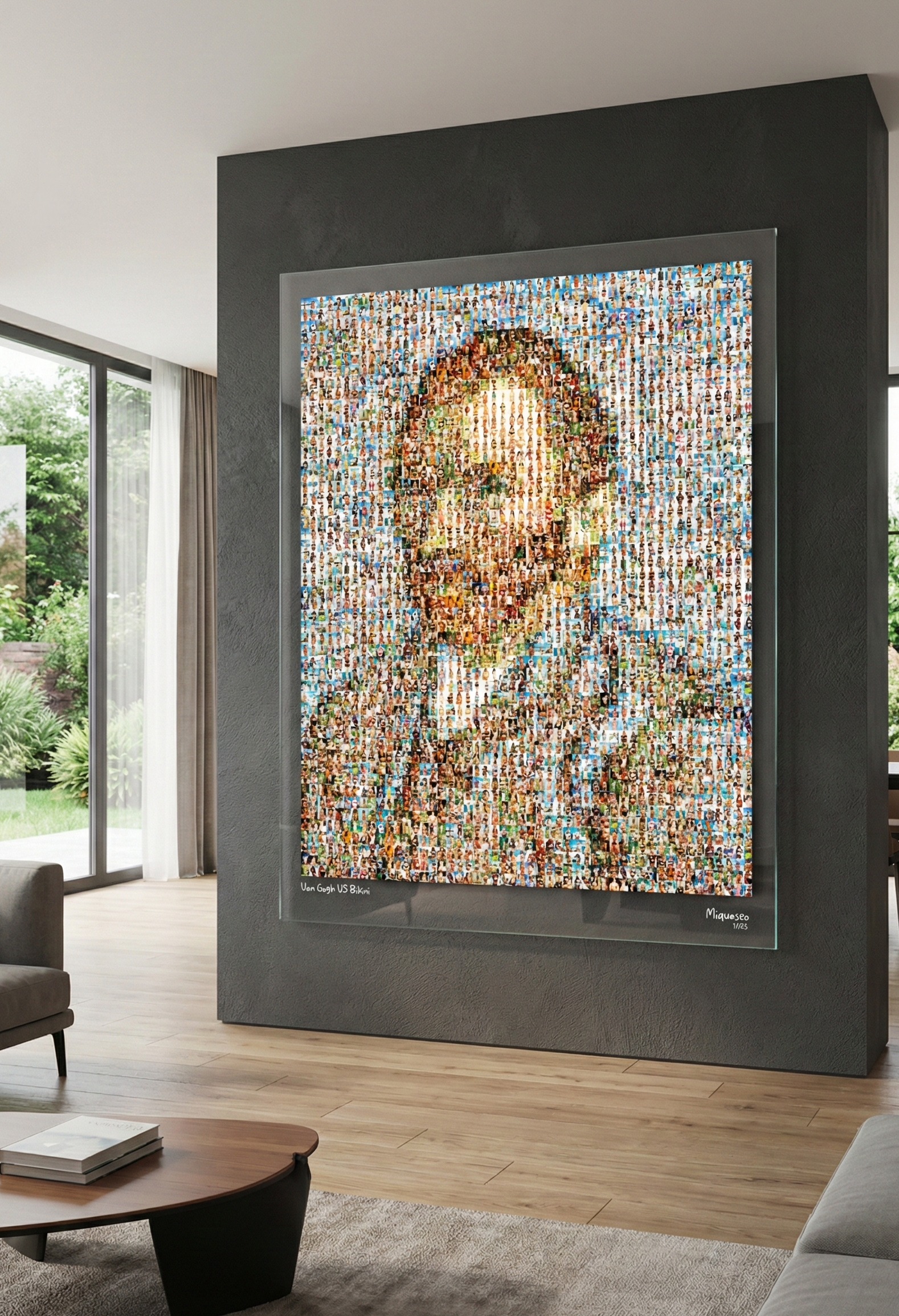 Tableau plexiglass art contemporain Miquaseo, mosaique "Van Gogh vs Bikini", decoration murale design, edition limitee signee et numerotee
