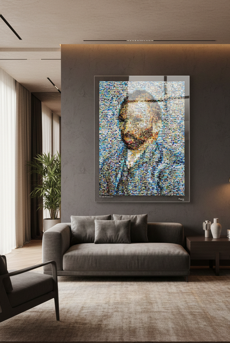 Tableau plexiglass art contemporain Miquaseo, mosaique "Van Gogh vs Luxury", decoration murale design, edition limitee signee et numerotee